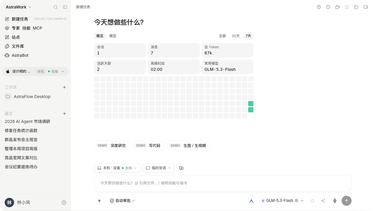 U仔 AstraWork 工作台，展示任务概览、文件库和对话输入区